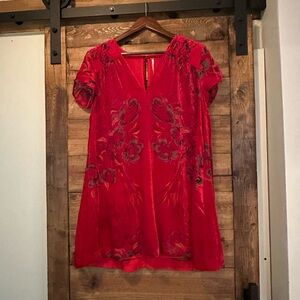 Velvet Red Floral Short Sleeve Mini Dress